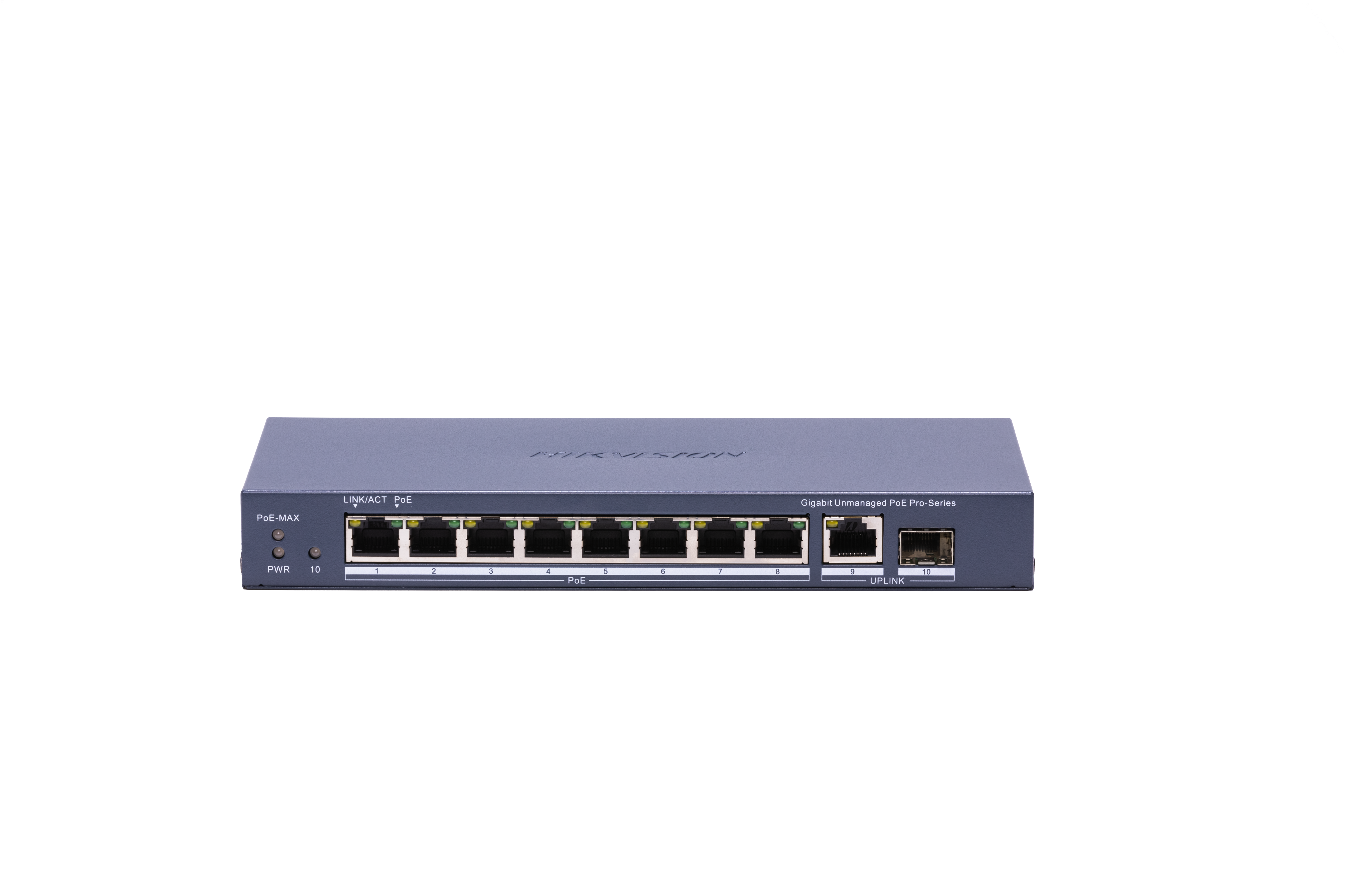 switch poe gigabit hikvision 8 porte con uplink rj45 e sfp vista frontale