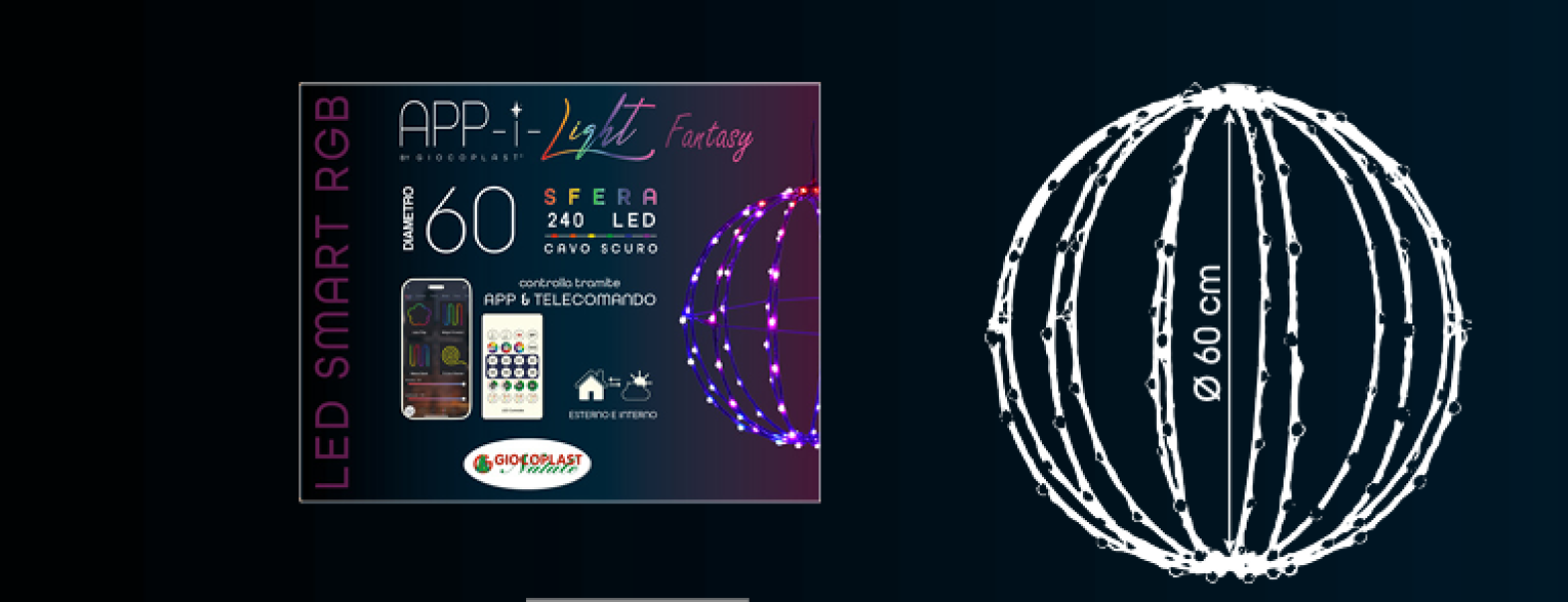 sfera luminosa led rgb 60 cm 240 led per decorazioni natalizie esterne ed interne controllo via app e telecomando