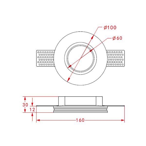disegno tecnico faretto in gesso tondo diametro 100 mm per incasso controsoffitto attacco GU10