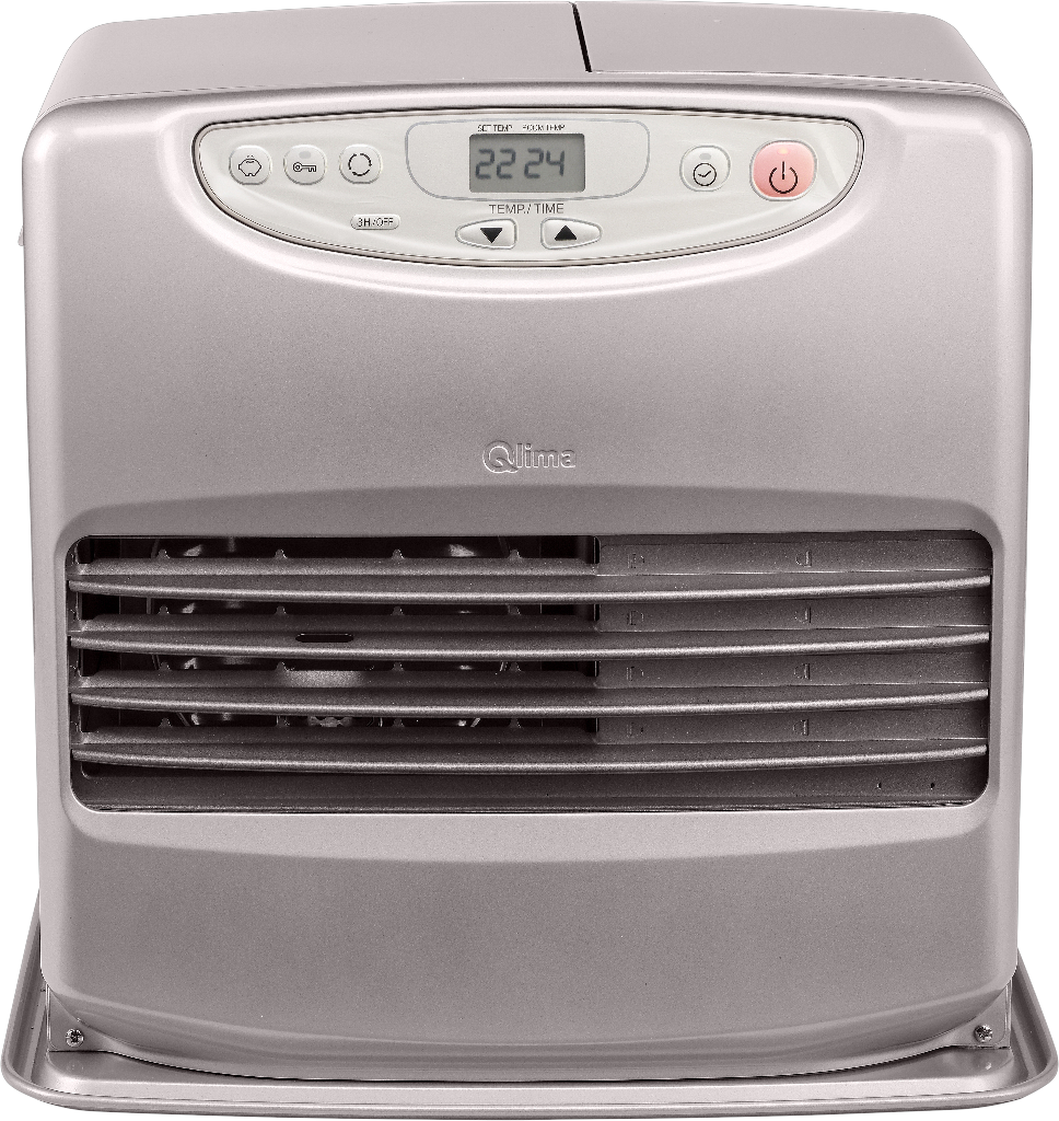 Stufa laser a combustione elettronica Qlima SRE8040 TC vista frontale in colore argento per riscaldamento domestico