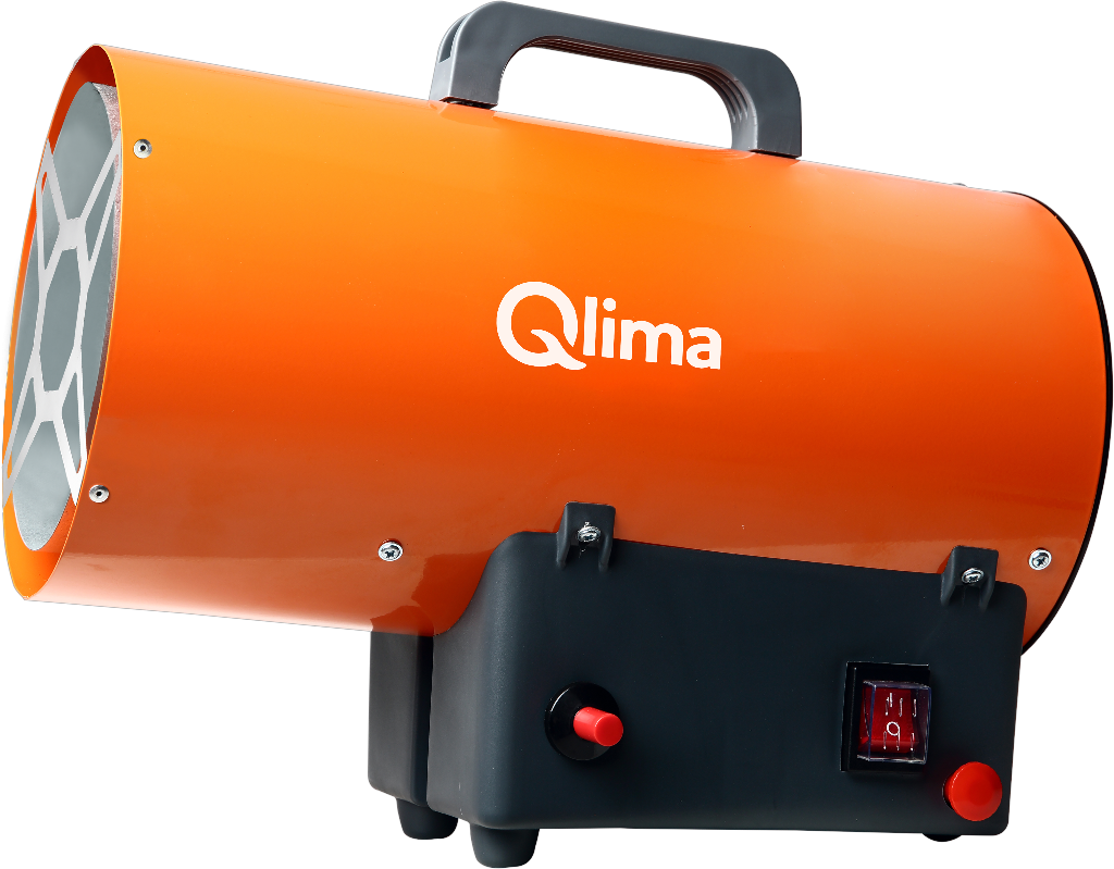 generatore aria calda a gas Qlima portatile da 10 kw modello GFA1010 vista laterale con corpo arancione e maniglia superiore
