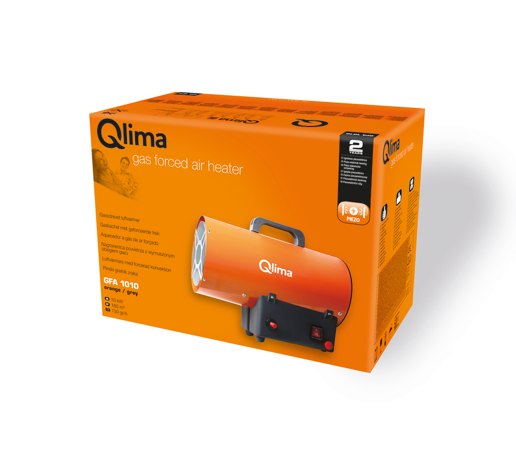 confezione originale generatore aria calda a gas Qlima GFA1010 con identificazione tecnica e foto prodotto