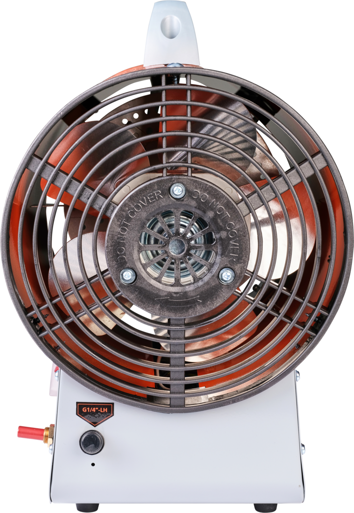 ventola posteriore e presa gas generatore aria calda Qlima GFA1010 dettaglio tecnico struttura retro