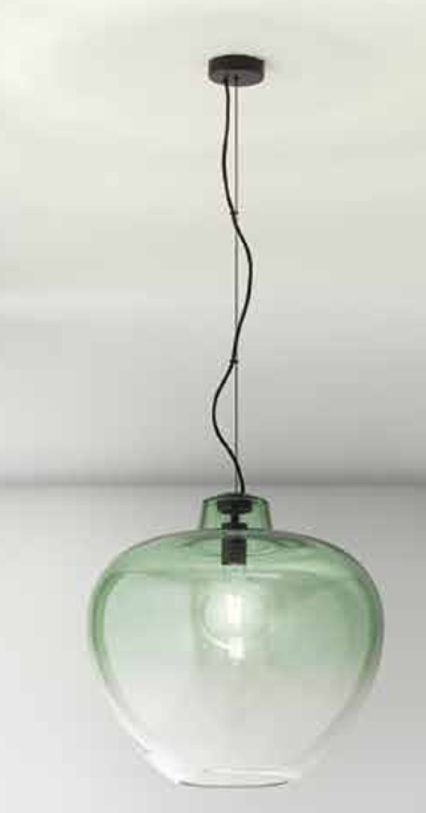 lampada a sospensione in vetro verde design moderno perenz installata a soffitto