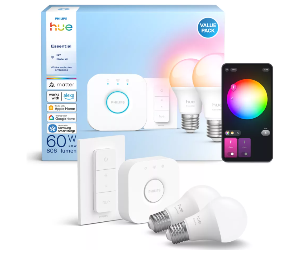 Lampadina LED smart Philips Hue Essential E27 vista frontale con dimensioni