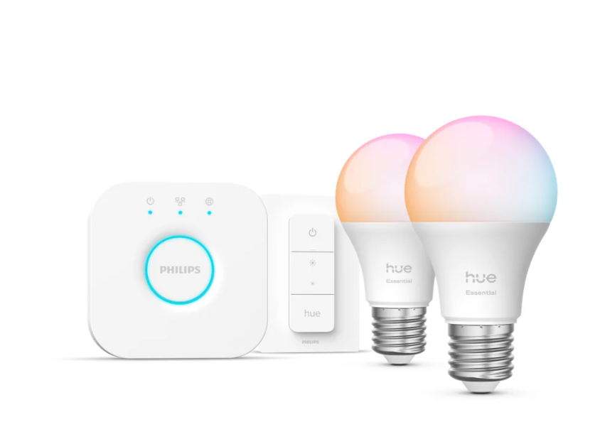 Starter kit Philips Hue Essential con lampadine E27, bridge, dimmer e confezione