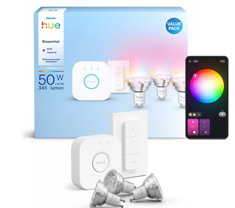 Kit Bridge + 3 Lampadine Smart Philips Hue White & Color Ambiance GU10 Essential 50W + Dimmer - 10375800 01
