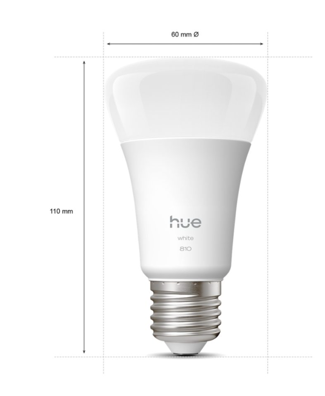 dimensioni lampadina LED Philips Hue White E27 7W 60 millimetri larghezza 110 millimetri altezza
