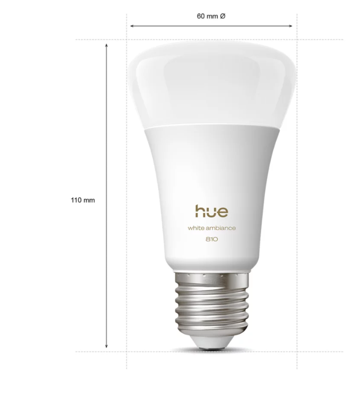 Dimensioni lampadina PHILIPS Hue E27 smart LED multicolore altezza 110 mm diametro 60 mm attacco standard