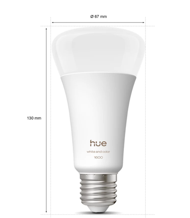 Lampadina LED E27 PHILIPS HUE dimostrazione con dimensioni 130 mm per 67 mm