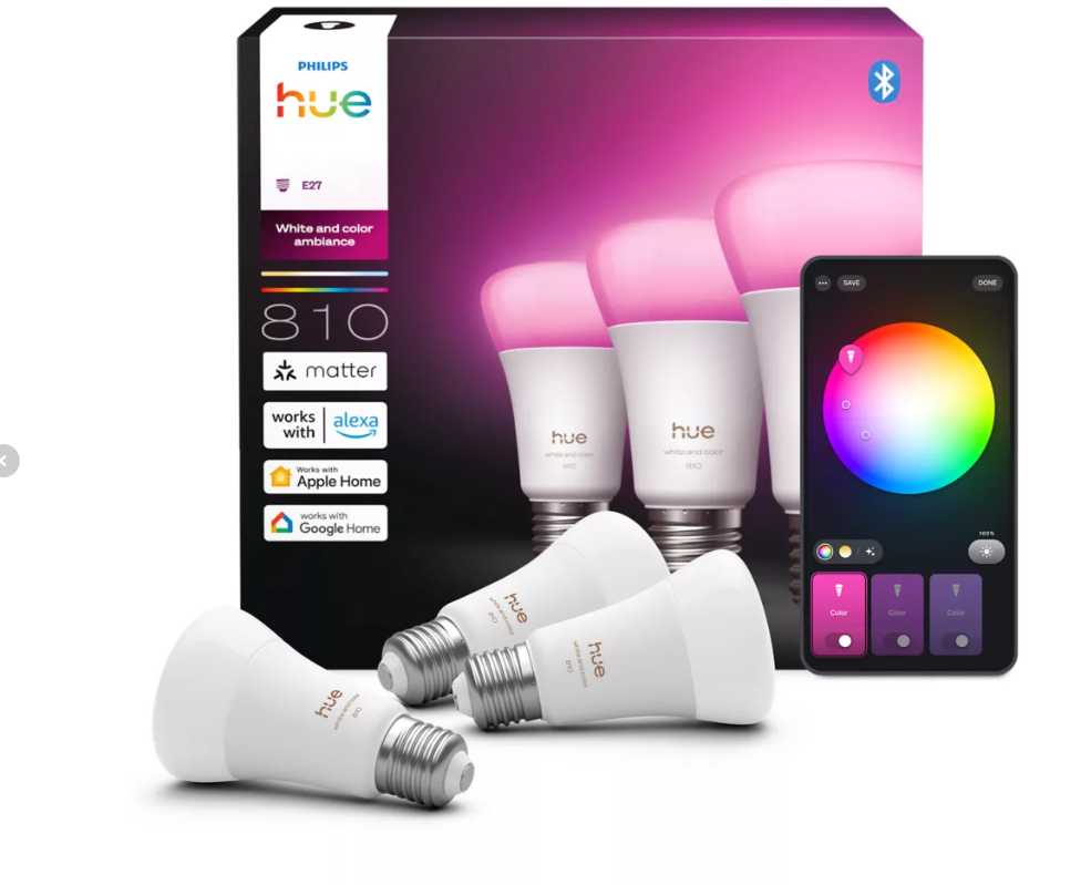 Set lampadine smart LED E27 Philips Hue con scatola confezione e applicazione mobile per gestione colori