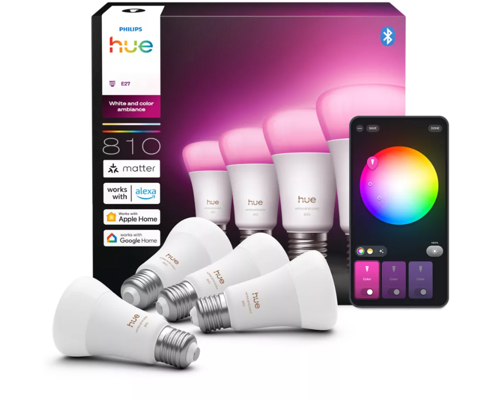 Lampadine smart LED Philips Hue E27 bianche e colorate confezione da quattro con controllo tramite app