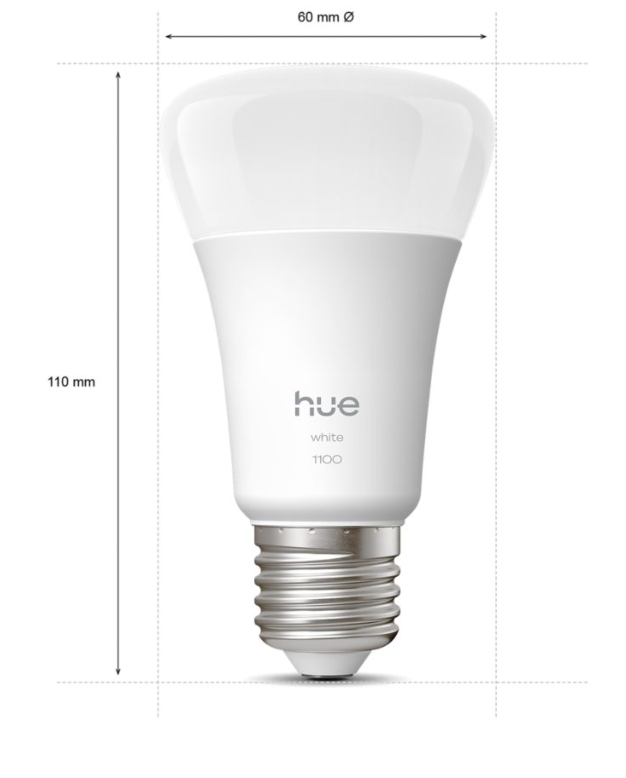 Dimensioni lampadina PHILIPS Hue White E27 1100 lumen diametro 60 mm altezza 110 mm