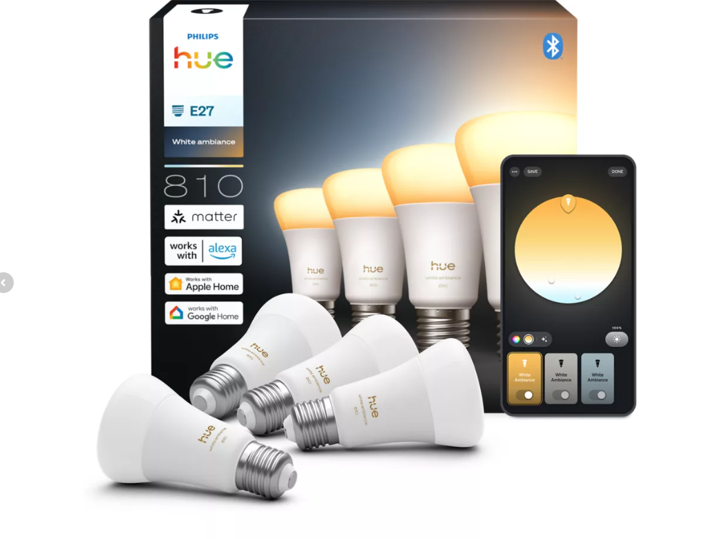 Set lampadine smart LED Philips Hue E27 bianco regolabile con confezione e controllo tramite app mobile