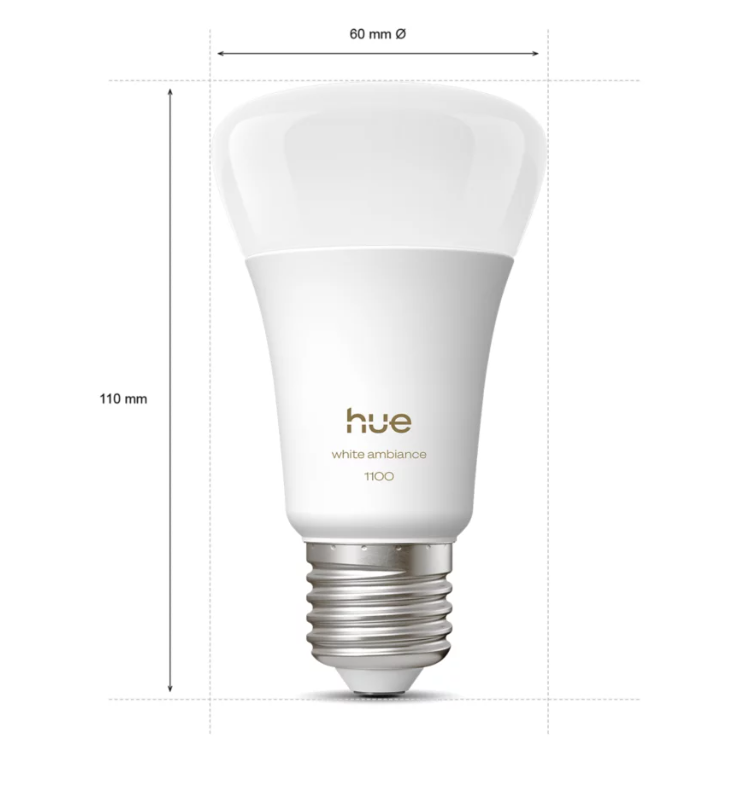 lampadina led smart philips hue white ambiance e27 1100 lumen dimensioni 60 mm x 110 mm