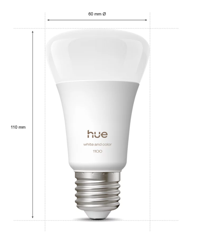 Lampadina LED Philips Hue dimensioni 110 mm altezza e 60 mm diametro attacco E27