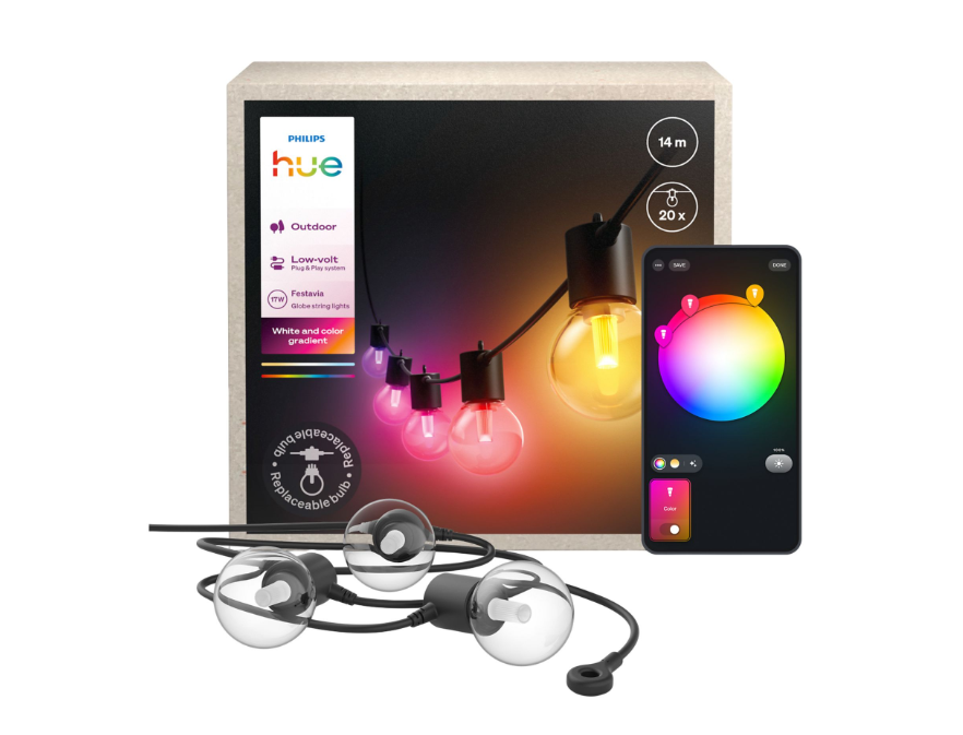 catena luminosa led smart da esterno 14 metri philips hue festavia con lampadine trasparenti e controllo app