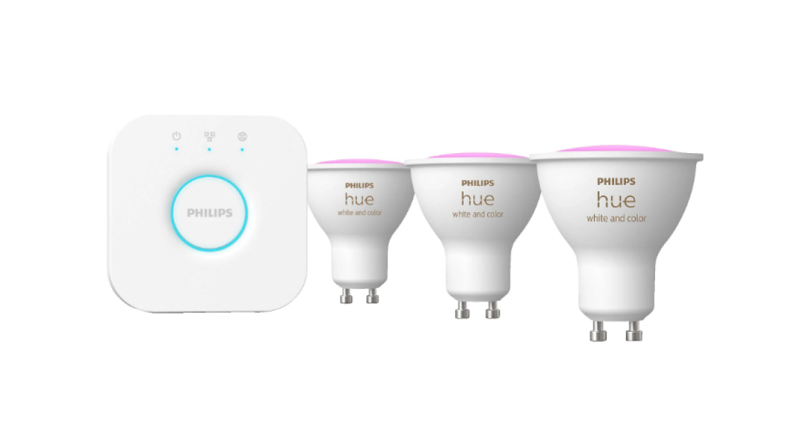 bridge Philips hue con tre lampadine smart gu10 bianche e colorate controllabili da app