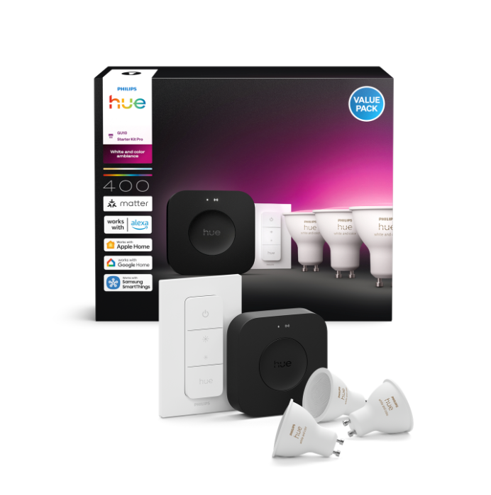 kit illuminazione smart Philips Hue 3 lampadine GU10 bridge dimmer