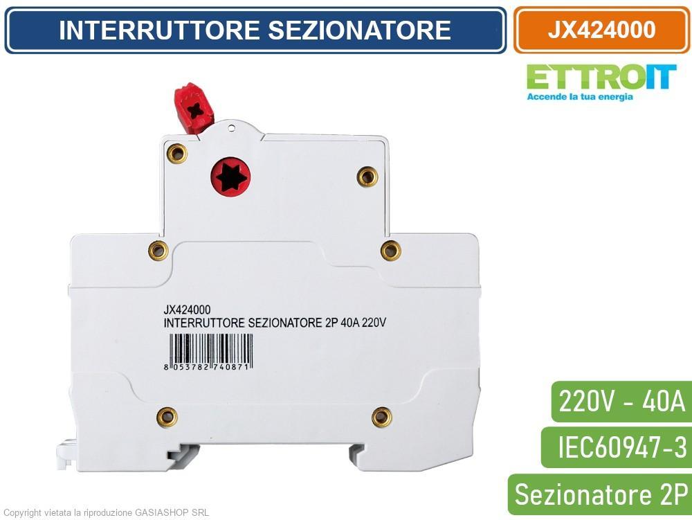 interruttore sezionatore 2 poli 40a 220v ettroit vista laterale con dettagli tecnici IEC60947-3