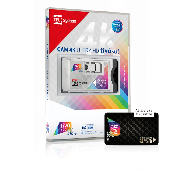 Modulo CAM 4K Ultra HD per Tivu00f9sat con smartcard DGGROUP confezione frontale