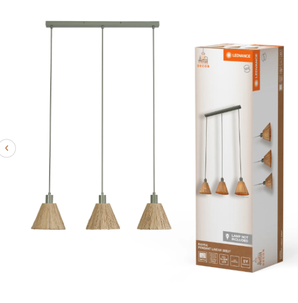 dettaglio lampada sospensione lineare tre luci rafia ledvance confezione prodotto e vista del lampadario completo