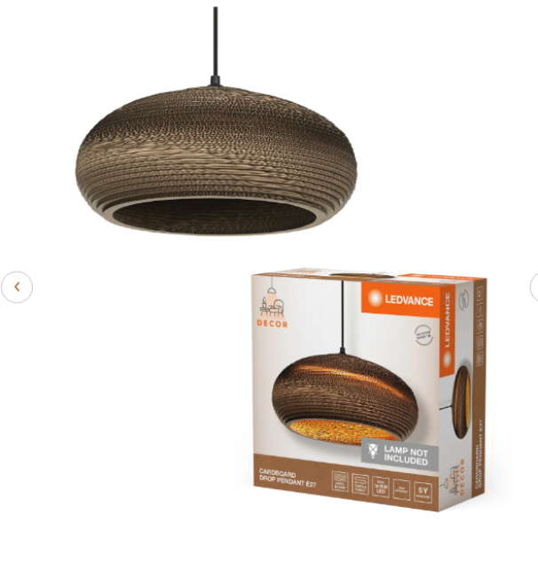 lampadario ledvance sospensione corda e27 in cartone riciclato eco design e confezione