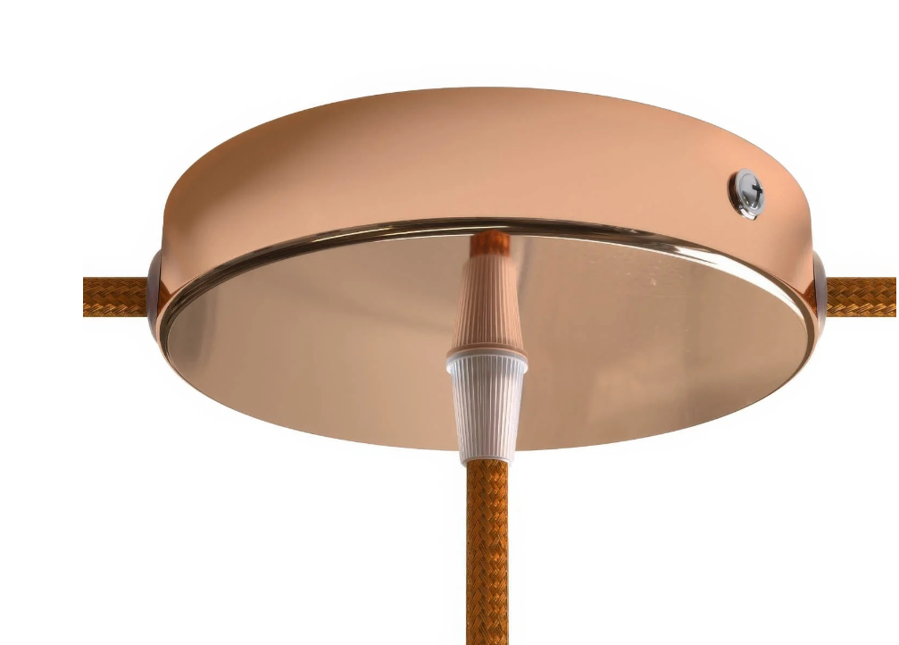 installazione rosone cilindrico rame con cavi tessili per sospensione luminosa