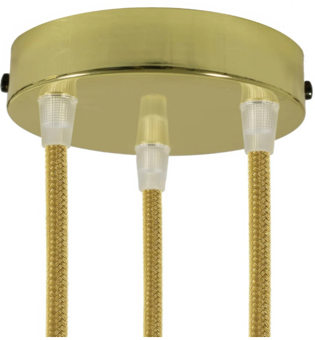 rosone cilindrico in metallo finitura ottone con tre cavi in uscita