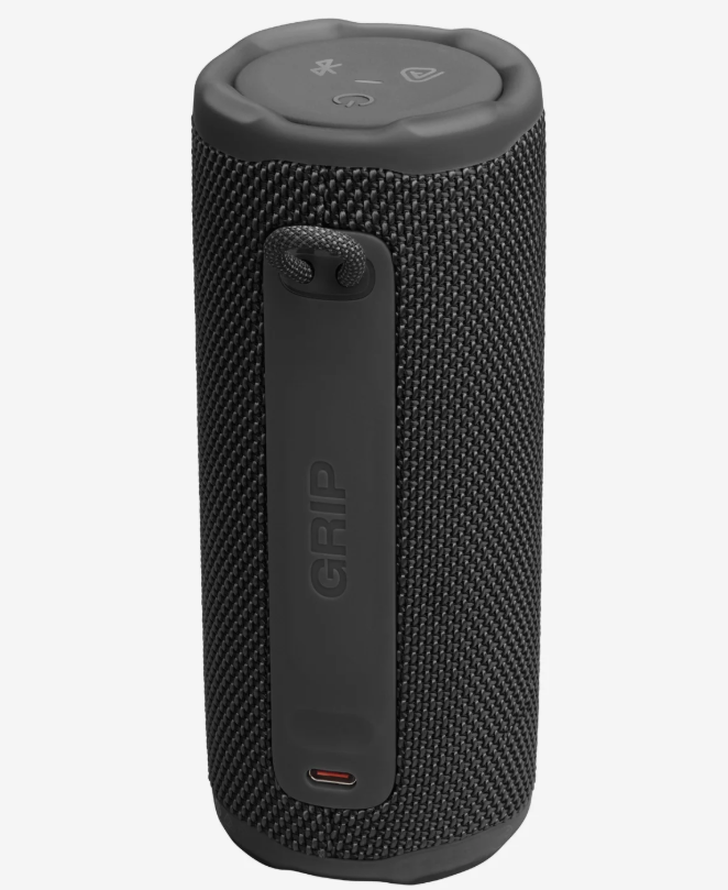 Vista posteriore dello speaker portatile Bluetooth nero IP68 con presa USB-C