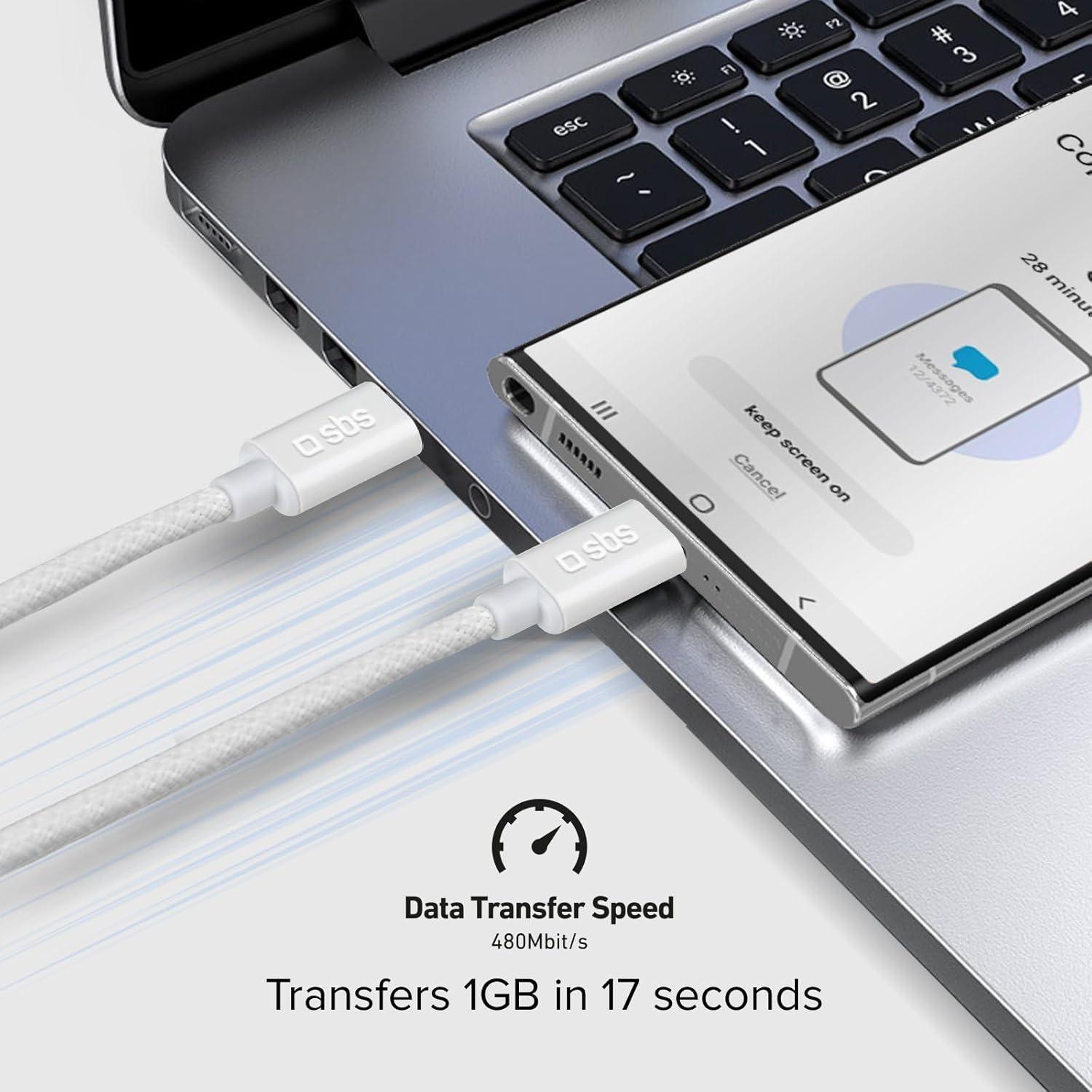 dettaglio connettore usb type c con scritta 60w su cavo in tessuto