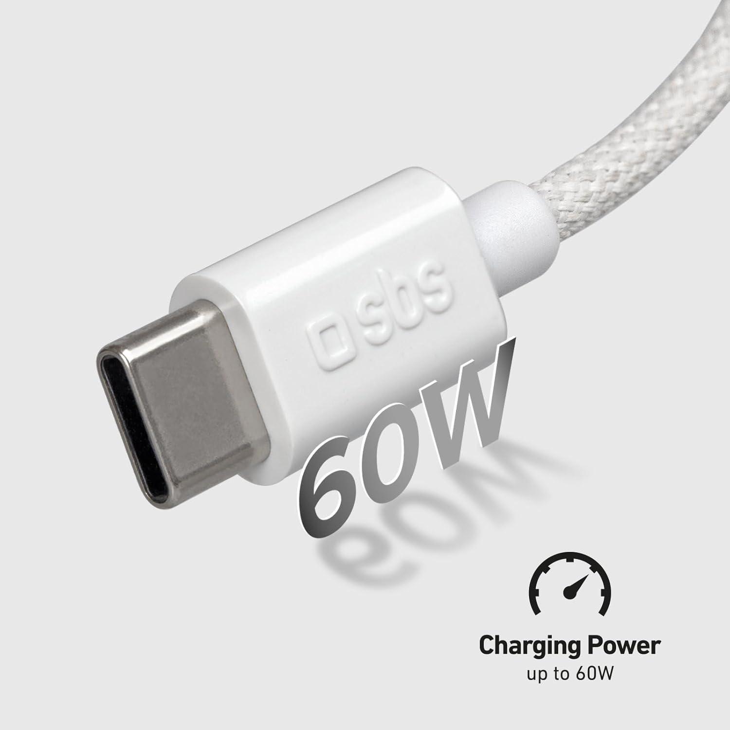 due connettori usb type c su cavo tessuto bianco