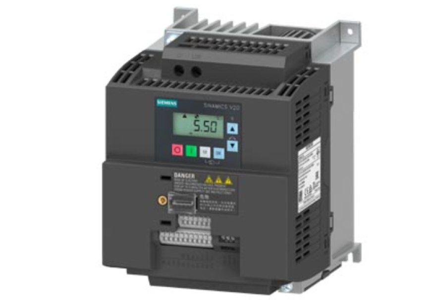 inverter trifase Siemens SINAMICS V20 3kW per controllo motore industriale con display digitale e comandi su pannello frontale