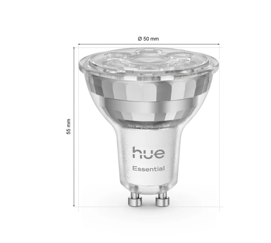 Dimensioni lampadina LED GU10 Philips Essential diameter 50 mm altezza 55 mm