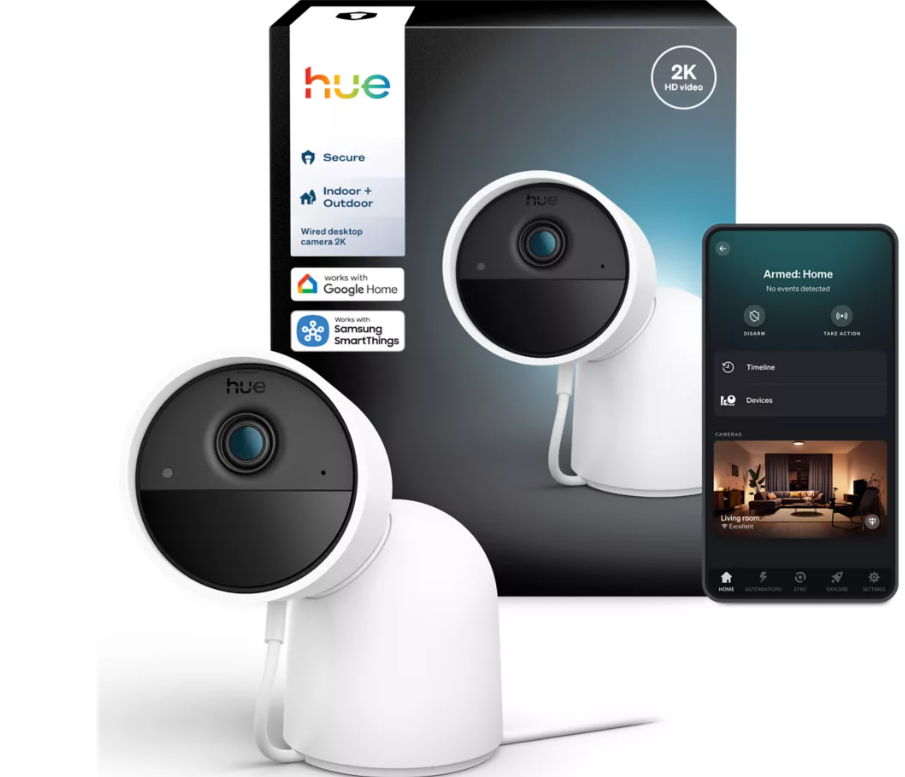 Telecamera di sicurezza Philips Hue Secure 2K con confezione e integrazione app mobile per videosorveglianza smart