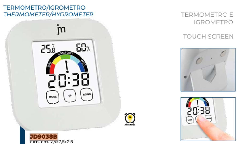 Termometro igrometro digitale touchscreen Lowell JD9038B per ambiente interno con display retroilluminato