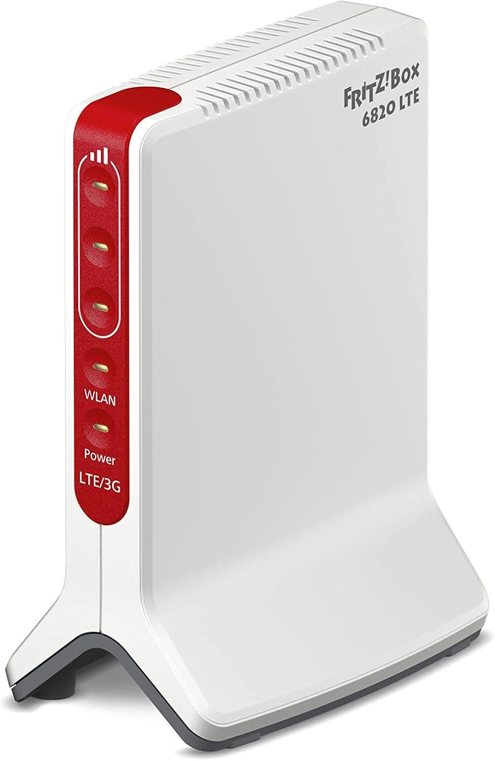 Vista laterale del router FRITZ Box 6820 LTE con indicatori LED e design compatto