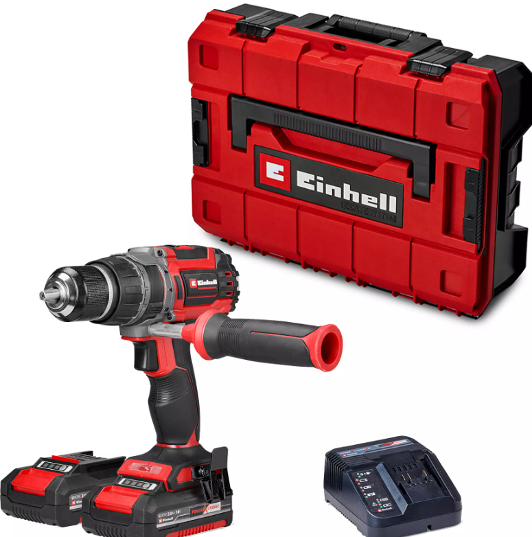 Trapano avvitatore a batteria Einhell con valigetta accessori e caricabatterie in primo piano