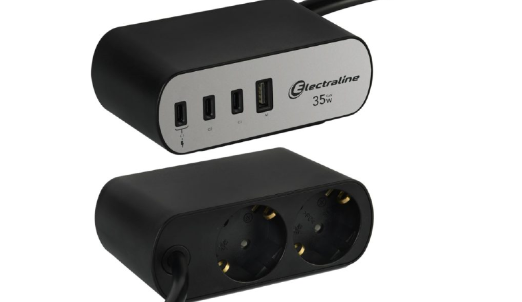 multipresa da scrivania electraline con 2 prese schuko e 4 porte usb pd 35w per ricarica dispositivi elettronici