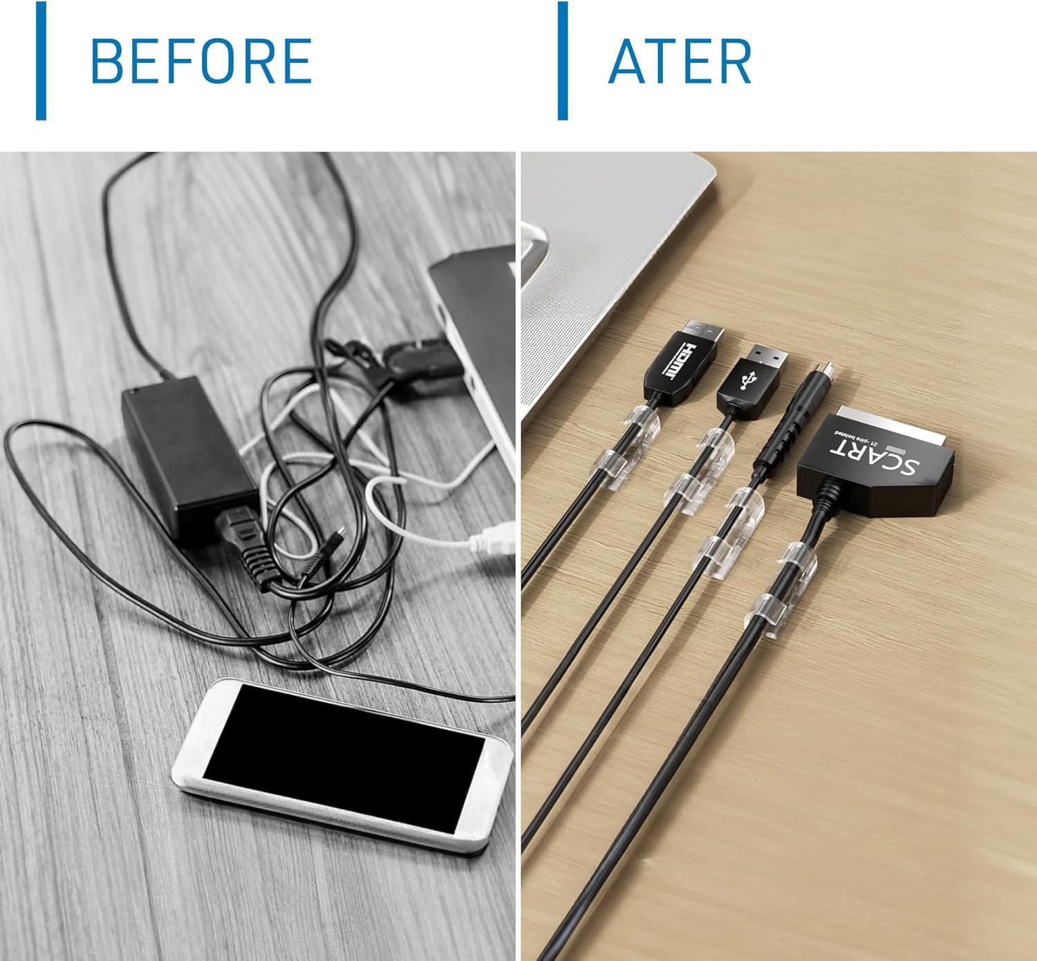 fermacavi adesivi organizer prima e dopo gestione ordinata cavi su scrivania