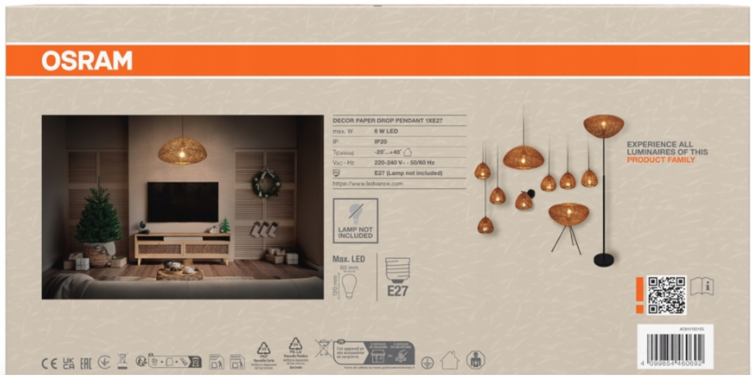 dettaglio retro confezione sospensione e27 ledvance con specifiche ip20 220 240 v