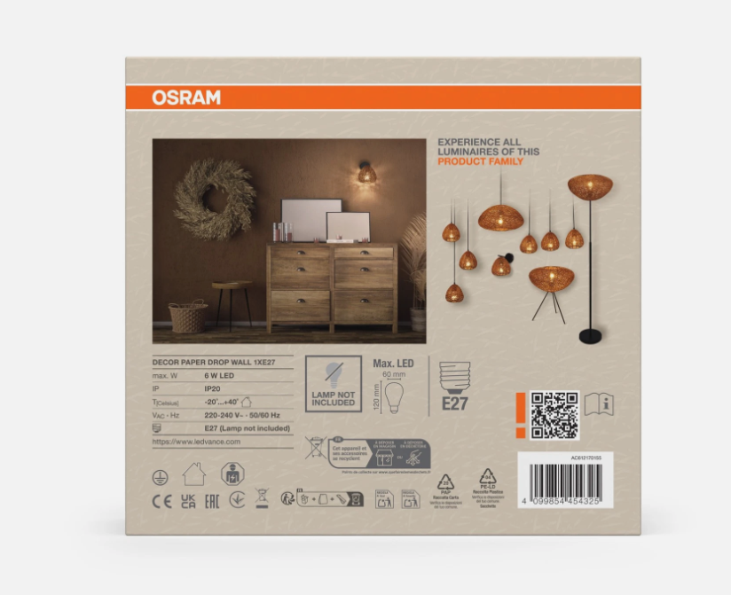 applique da parete e27 con diffusore in carta intrecciata e base in metallo nero