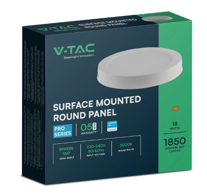 confezione pannello led rotondo 18w vtac chip samsung 1850 lumen 3000k