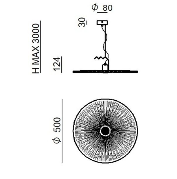 disegno tecnico lampada sospensione diametro 50 cm con cavo regolabile fino a 300 cm