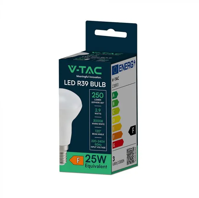 confezione lampadina led v-tac r39 e14 2.9w 3000k 250 lumen angolo fascio 120 gradi equivalenza 25w