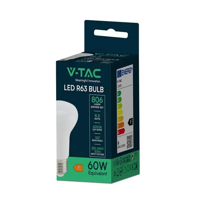 confezione lampadina led r63 8.5w e27 3000k v tac vista frontale