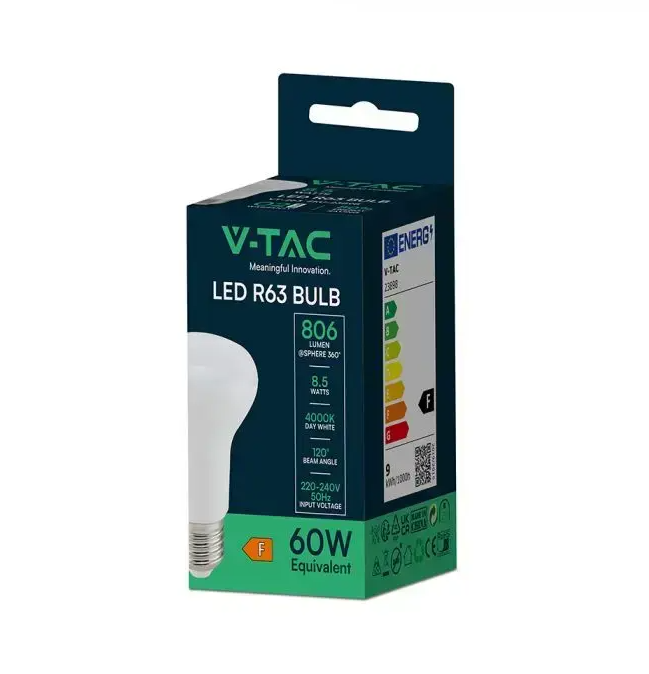 Etichetta energetica lampadina LED V-TAC classe F consumo 9 kWh per 1000 ore