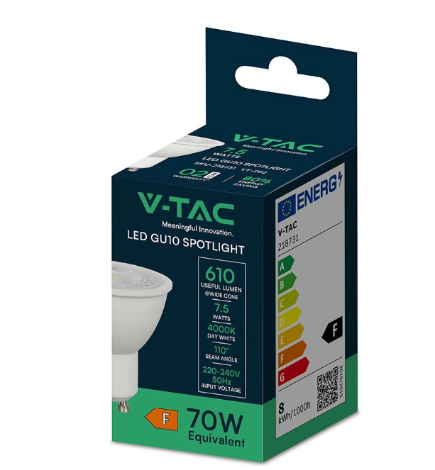 confezione lampadina spotlight LED GU10 7.5W 4000K V-TAC con scheda tecnica e classe energetica