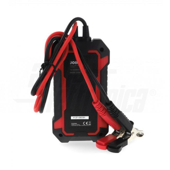 retro del tester batterie piombo alpha elettronica con pinze e cavi collegati