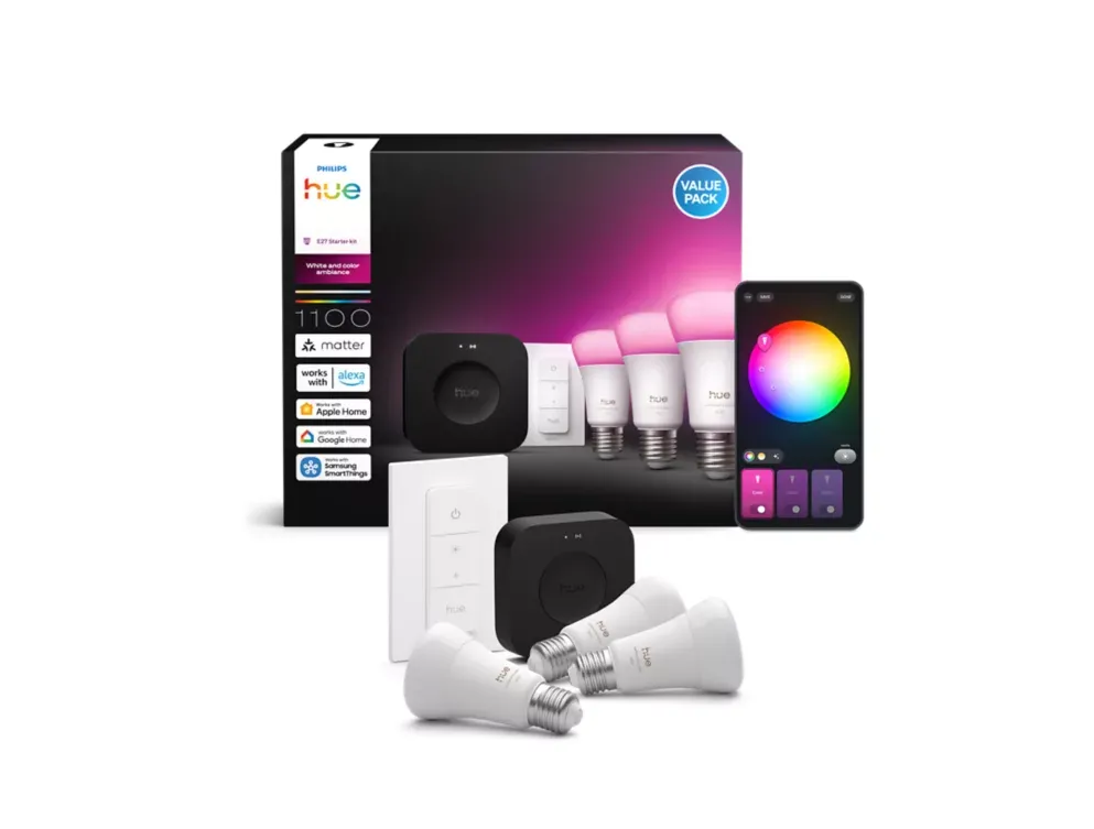Lampadina LED smart E27 Philips Hue dimensioni e design bianco con base argento